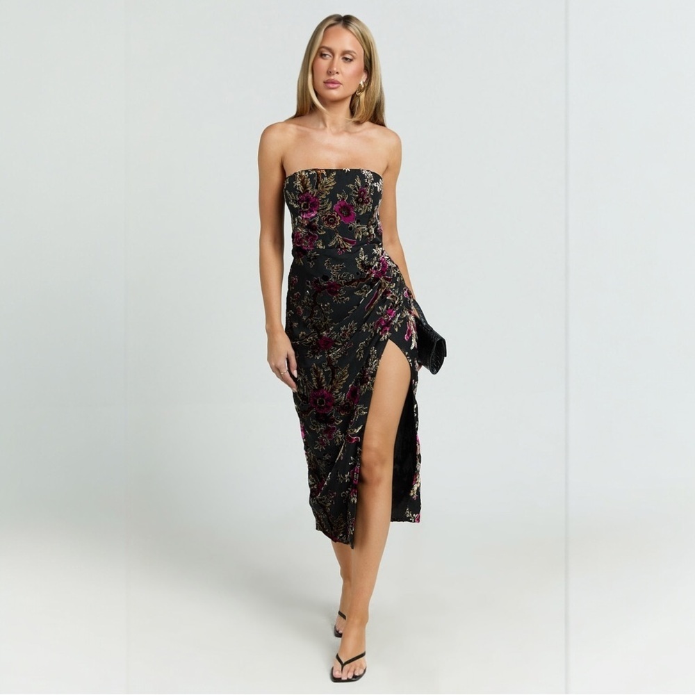 NWT SHOWPO Jessell Flocked Velvet Midi Dress US Size 14 Strapless Black Floral